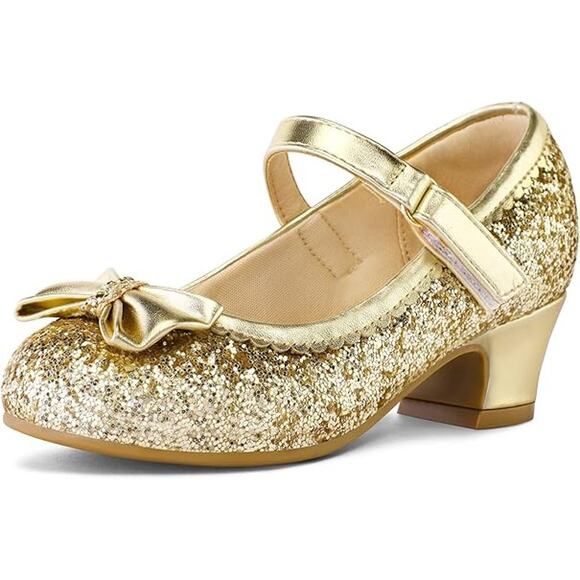 K KomForme Big Girls Size 12.5 Gold Glitter Bow Closed Toe 1.5" Mary Jane Shoes - Picture 1 of 8